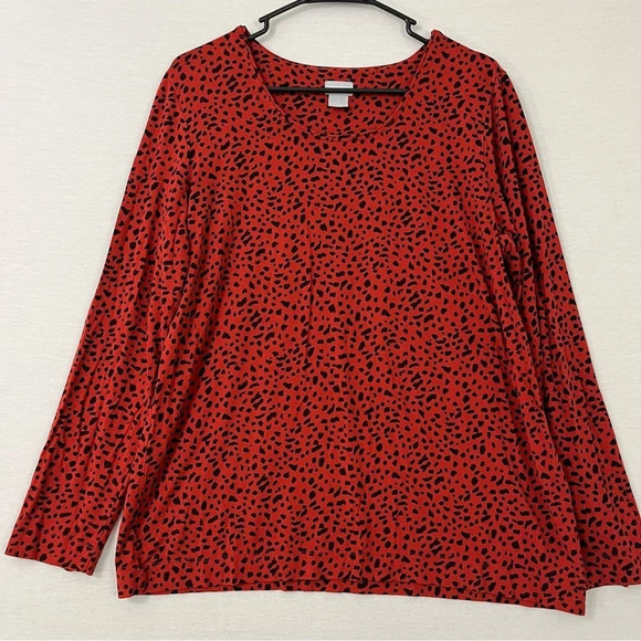 Chico’s Black Red Polka Dot Round Neck Stretch Long Sleeve Top Large/2 - Picture 1 of 9